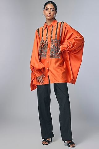 Orange Chanderi Applique Work Shirt by Inca