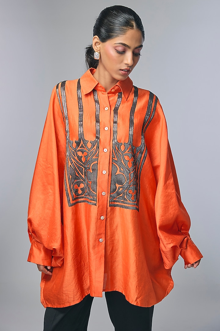 Orange Chanderi Applique Work Shirt by Inca at Pernia's Pop Up Shop