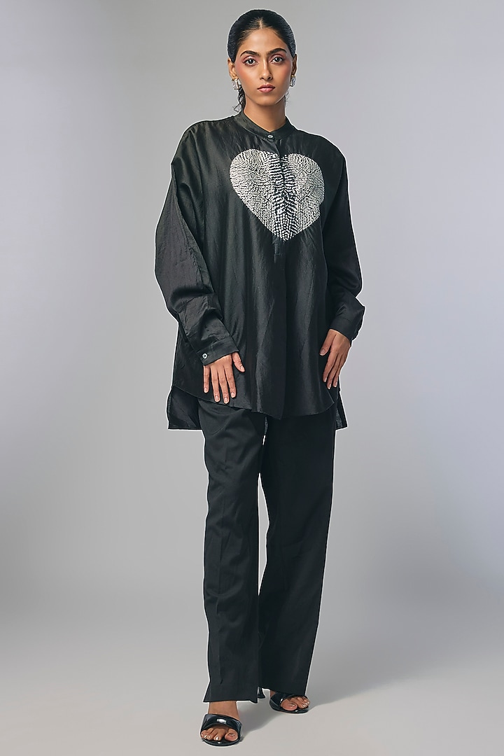Black Chanderi Shibori Heart Printed Shirt by Inca at Pernia's Pop Up Shop