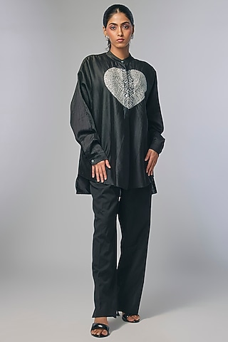 Black Chanderi Shibori Heart Printed Shirt by Inca