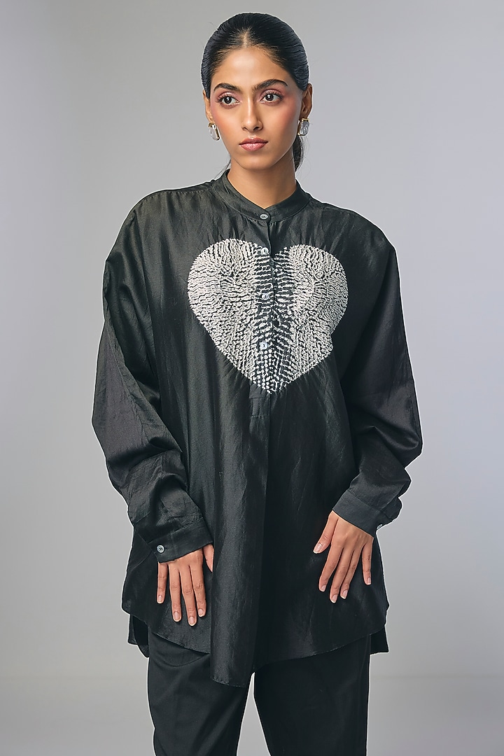 Black Chanderi Shibori Heart Printed Shirt by Inca at Pernia's Pop Up Shop