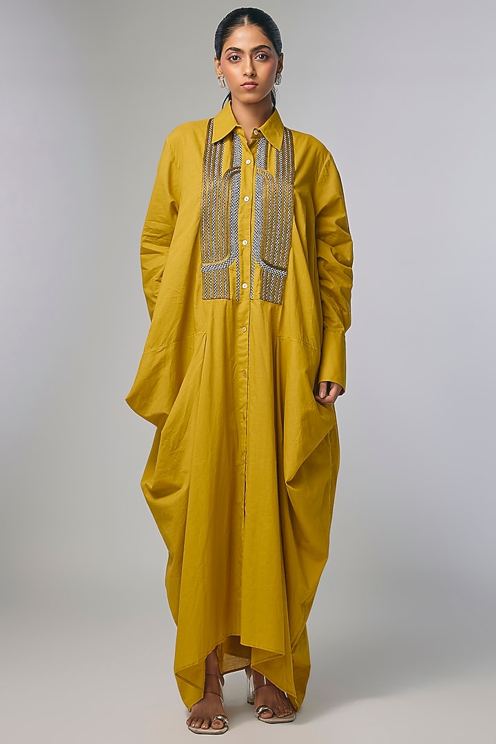 Yellow Voile Zari Embroidered Cowl Shirt by Inca at Pernia's Pop Up Shop