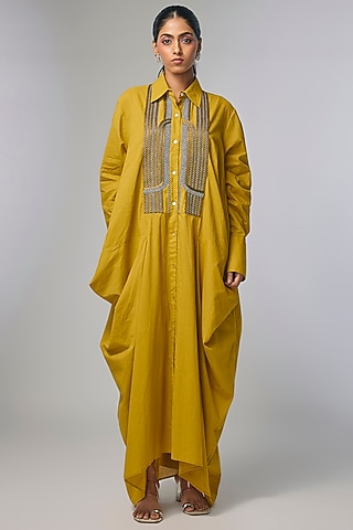 Yellow Voile Zari Embroidered Cowl Shirt by Inca