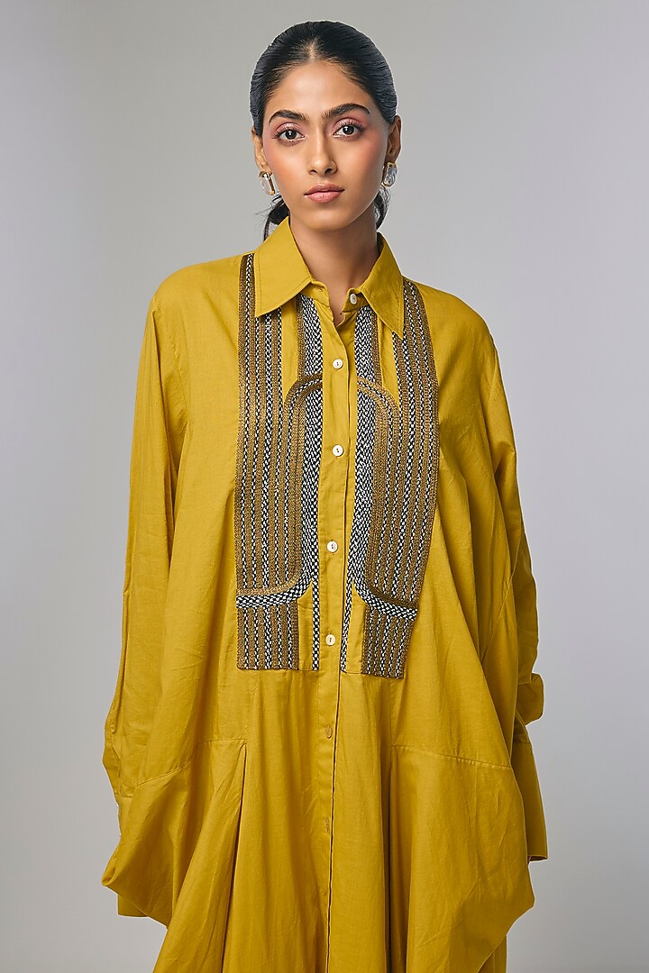 Yellow Voile Zari Embroidered Cowl Shirt by Inca at Pernia's Pop Up Shop