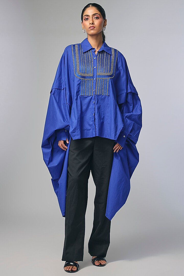 Blue Voile Zari Work High-Low Shirt by Inca at Pernia's Pop Up Shop