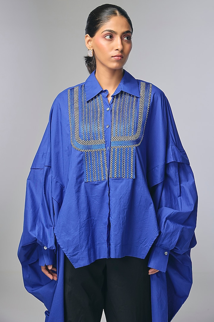 Blue Voile Zari Work High-Low Shirt by Inca at Pernia's Pop Up Shop