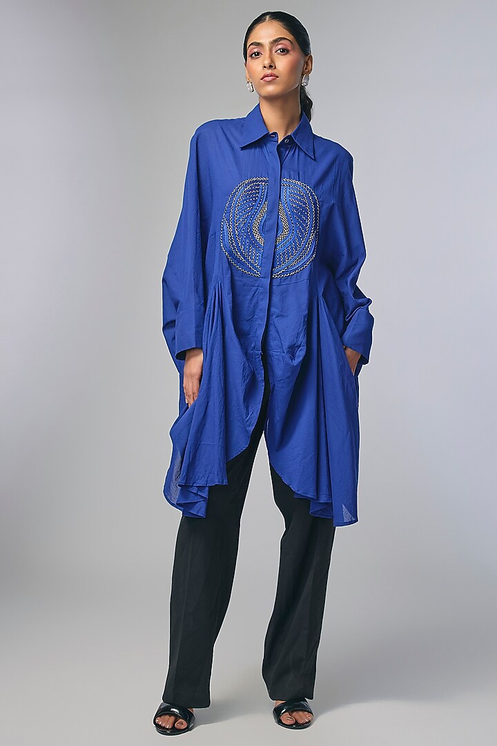 Blue Voile Zari Work Paneled Shirt by Inca at Pernia's Pop Up Shop