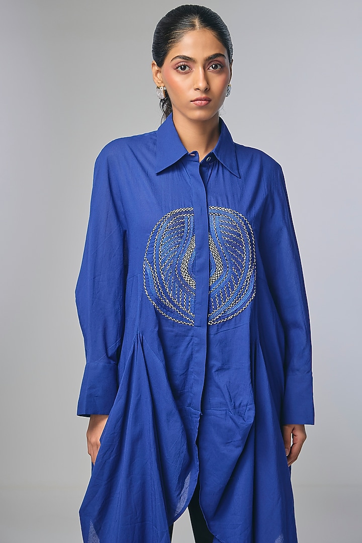 Blue Voile Zari Work Paneled Shirt by Inca at Pernia's Pop Up Shop
