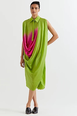 Green & Pink Viscose Satin Dress by Inca