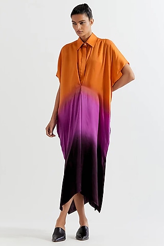 Orange & Purple Viscose Satin Dress by Inca