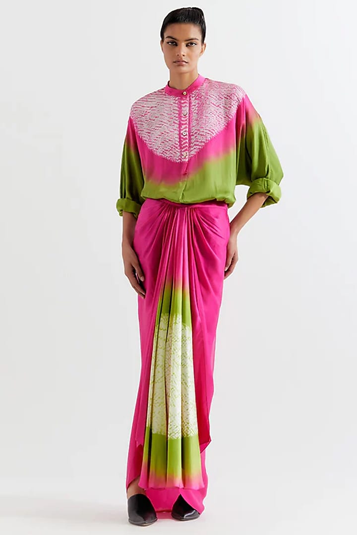 Green & Pink Viscose Chanderi Skirt Set by Inca at Pernia's Pop Up Shop