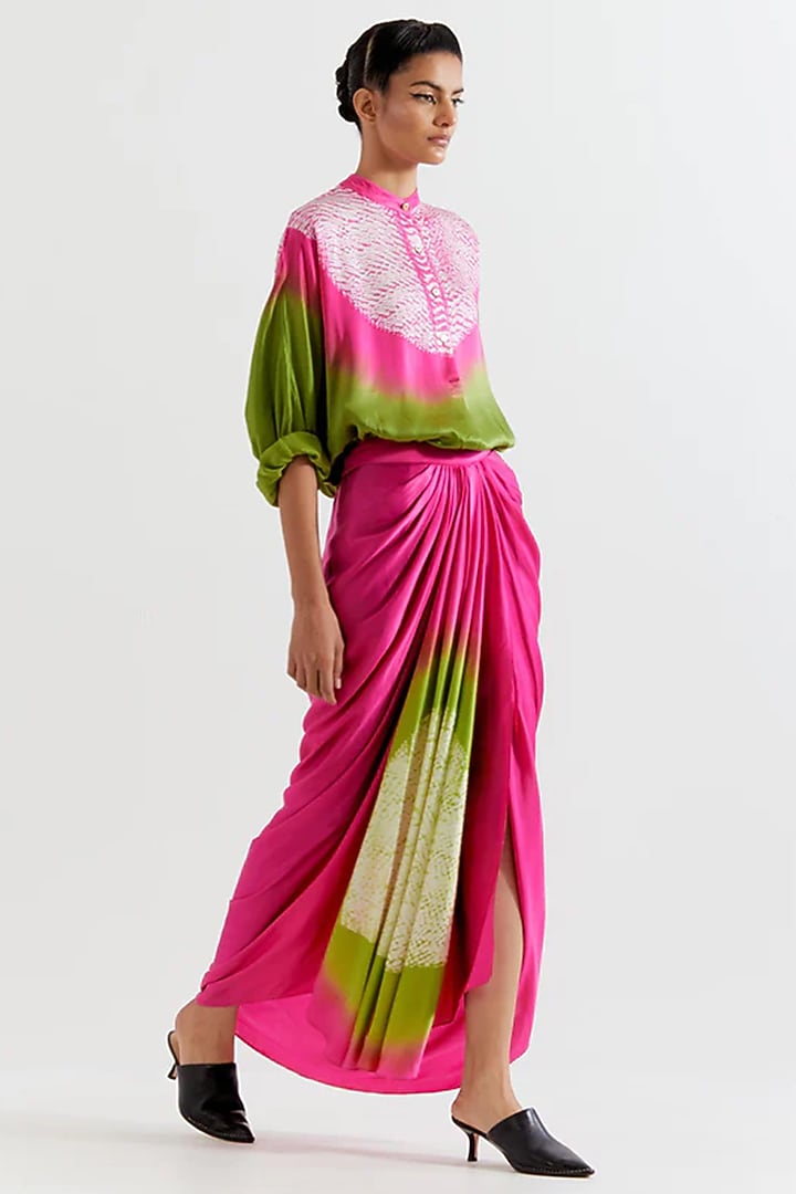 Green & Pink Viscose Chanderi Skirt Set by Inca at Pernia's Pop Up Shop