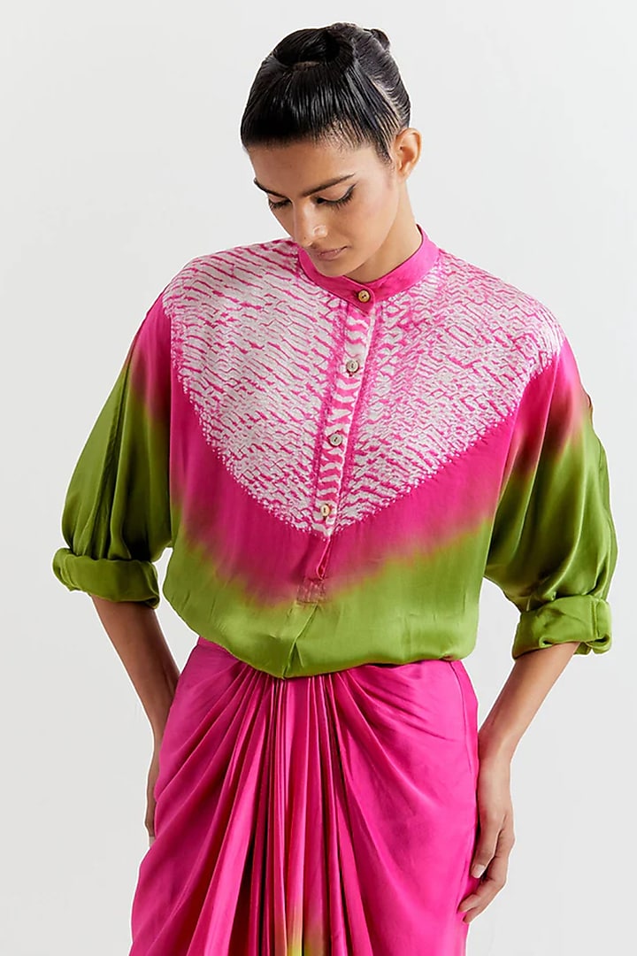 Green & Pink Viscose Chanderi Skirt Set by Inca at Pernia's Pop Up Shop