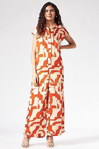 Orange Printed Jumpsuit by Inca