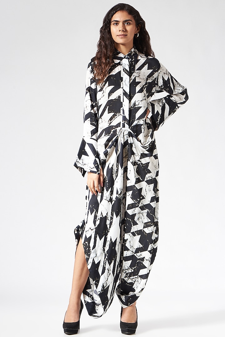 Black & White Satin Printed Draped Jumpsuit by Inca at Pernia's Pop Up Shop