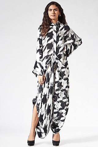 Black & White Satin Printed Draped Jumpsuit by Inca