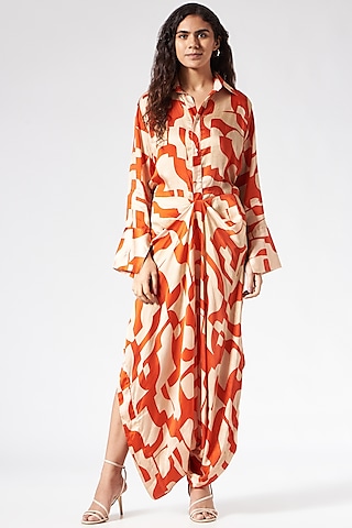 Orange Satin Printed Draped Jumpsuit by Inca