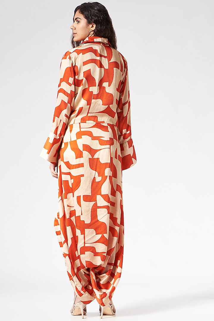 Orange Satin Printed Draped Jumpsuit by Inca at Pernia's Pop Up Shop
