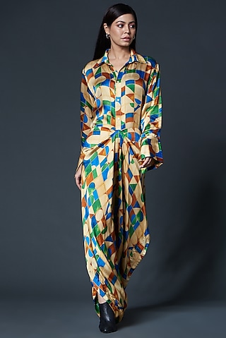 Beige Draped Jumpsuit With Print by Inca