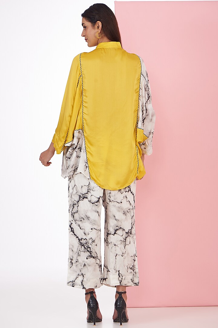 Ivory Bemberg Satin Marble Digital Printed Trouser Set by Inca at Pernia's Pop Up Shop