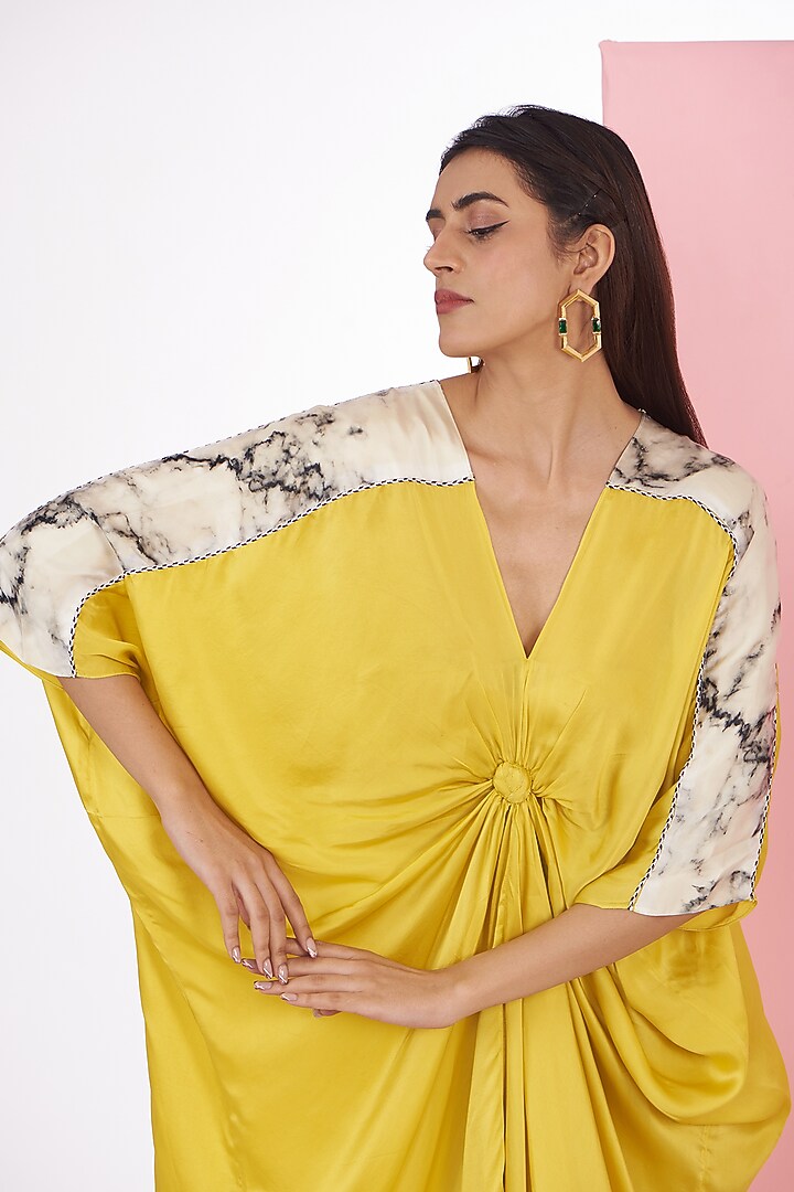 Yellow Bemberg Satin Marble Digital Printed Kaftan by Inca at Pernia's Pop Up Shop