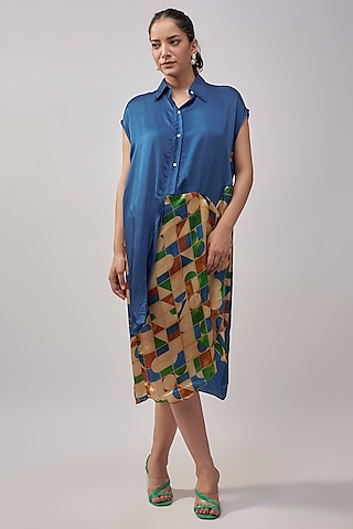 Blue Viscose Satin Midi Dress by Inca