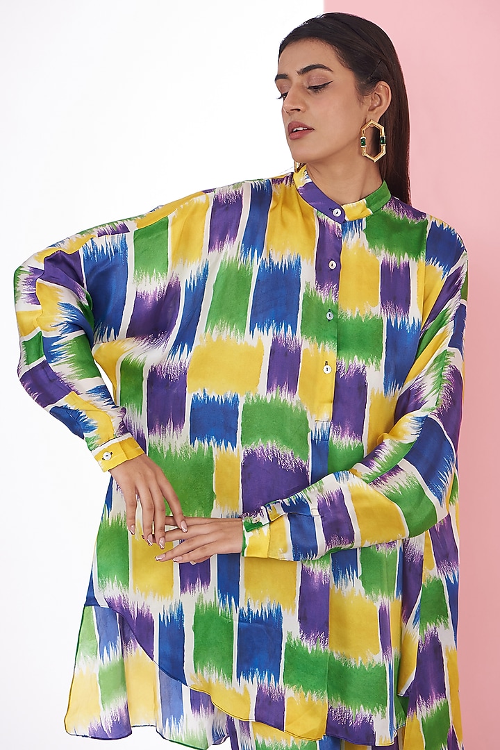 Multi-Colored Bemberg Satin Ikat Printed Co-Ord Set by Inca at Pernia's Pop Up Shop