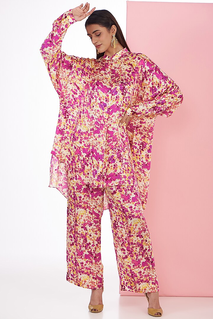 Pink & Yellow Bemberg Satin Digital Printed Co-Ord Set by Inca at Pernia's Pop Up Shop