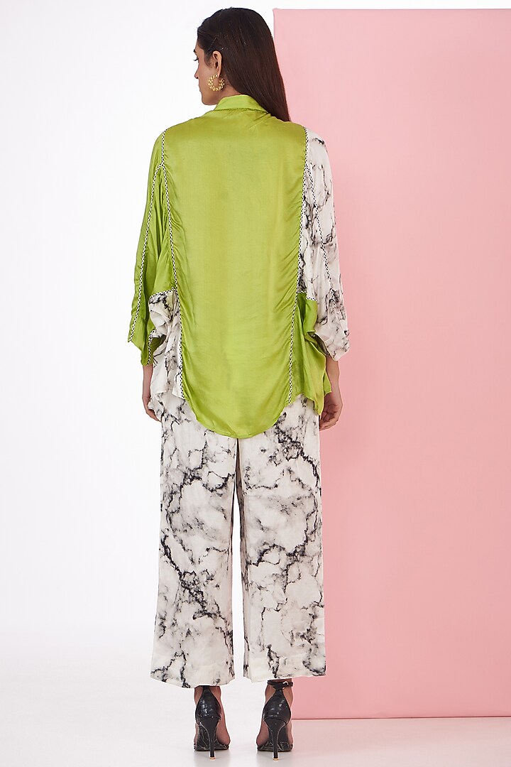 Ivory Bemberg Satin Digital Marble Printed Trouser Set by Inca at Pernia's Pop Up Shop