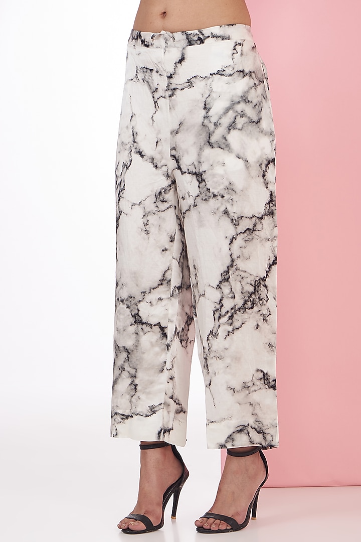 Ivory Silk Chanderi Marble Printed Trouser Set by Inca at Pernia's Pop Up Shop