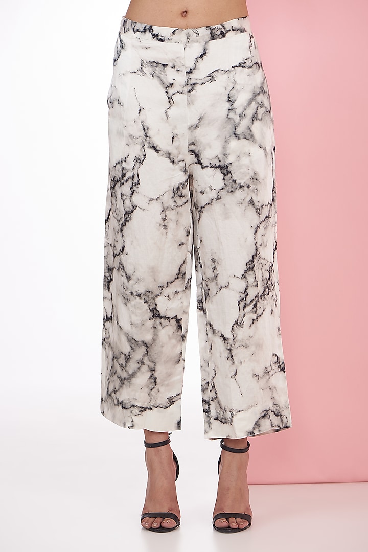 Ivory Silk Chanderi Marble Printed Trouser Set by Inca at Pernia's Pop Up Shop