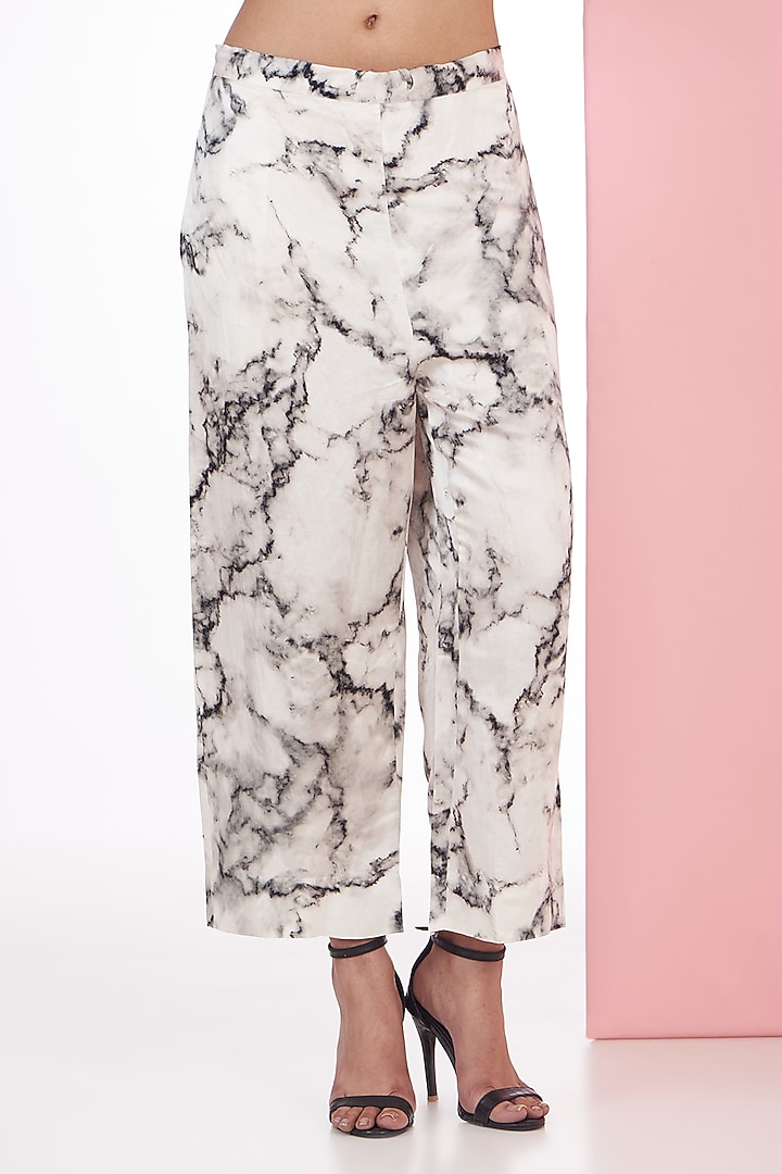 Ivory Silk Chanderi Marble Printed Trouser Set by Inca at Pernia's Pop Up Shop