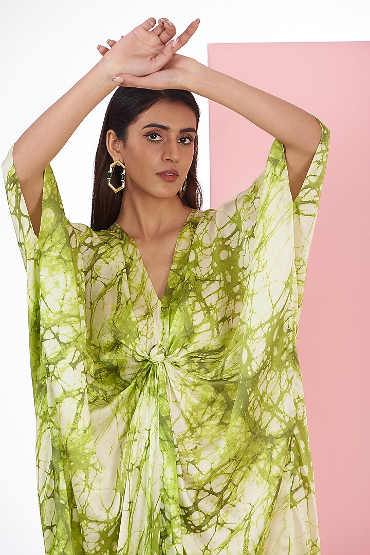 Green Bemberg Satin Hand Painted Kaftan by Inca at Pernia's Pop Up Shop