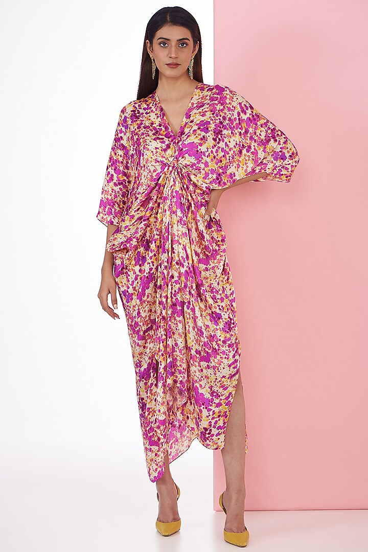 Yellow & Pink Bemberg Satin Digital Printed Kaftan by Inca