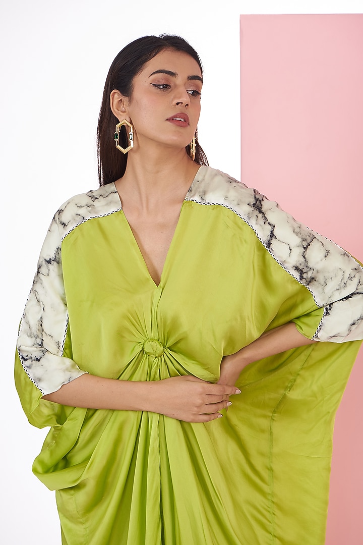 Green Bemberg Satin Digital Marble Printed Kaftan by Inca at Pernia's Pop Up Shop