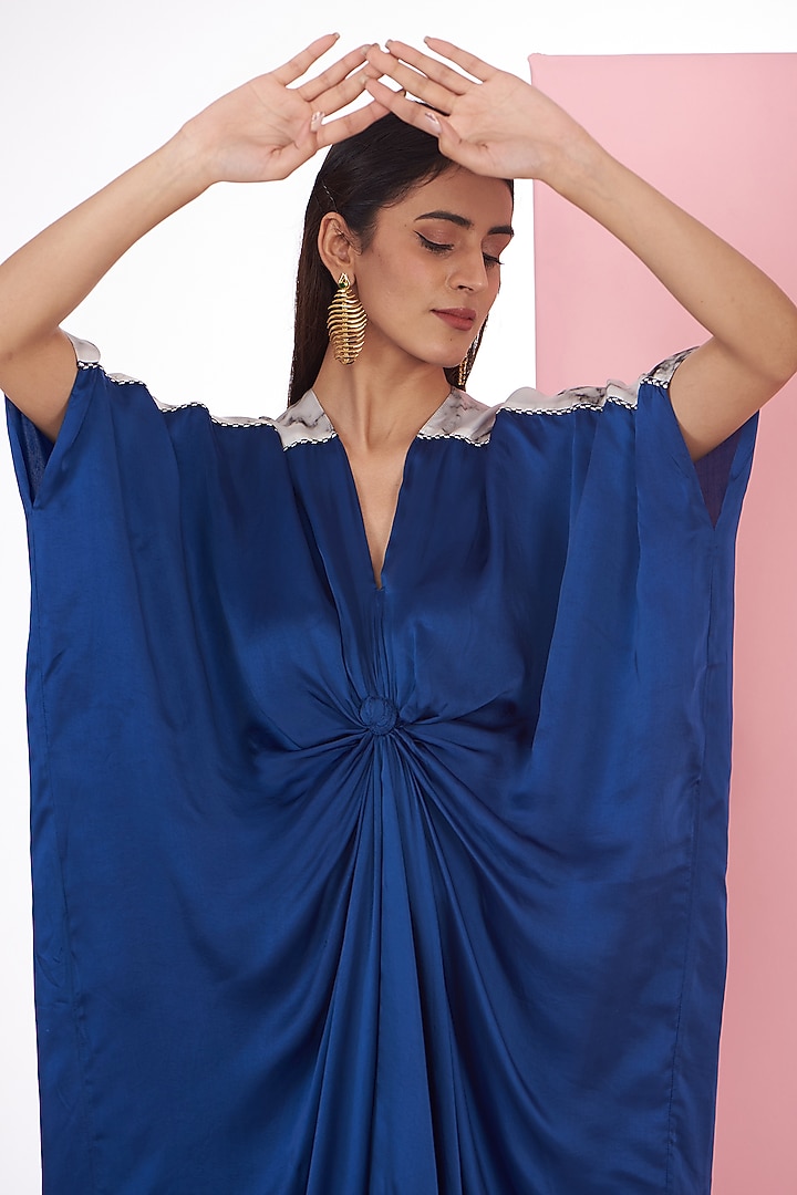 Cobalt Blue Bemberg Satin Digital Marble Printed Kaftan by Inca at Pernia's Pop Up Shop
