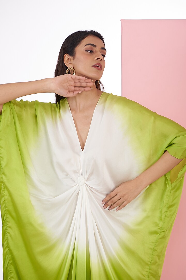 Lime Bemberg Satin Tie-Dye Printed Kaftan by Inca at Pernia's Pop Up Shop
