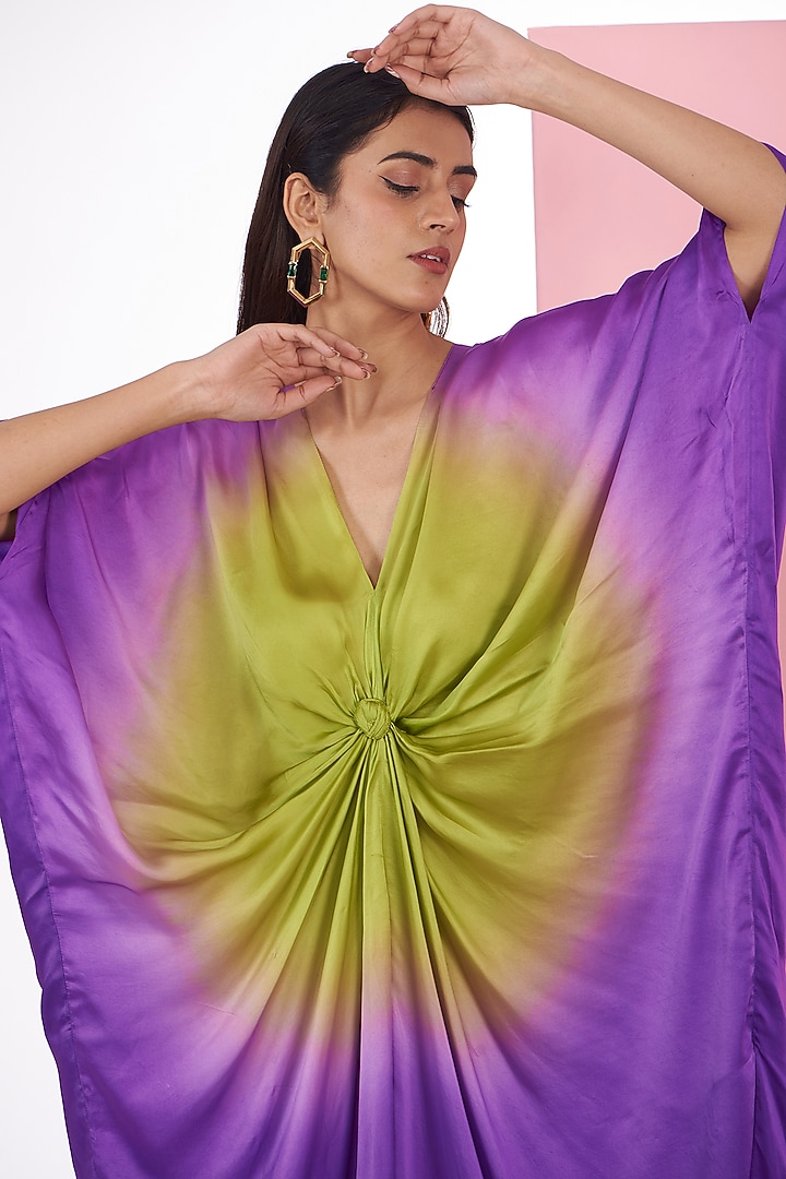 Lime & Purple Bemberg Satin Tie-Dye Printed Kaftan by Inca at Pernia's Pop Up Shop
