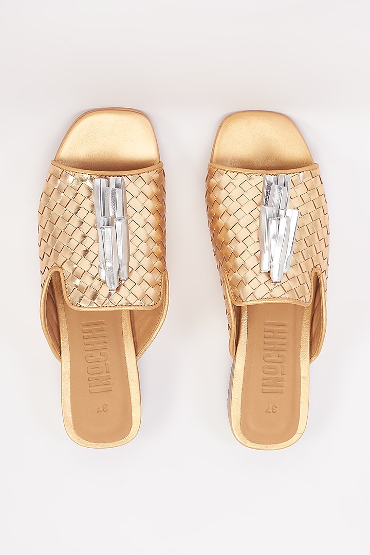Gold Leather Embellished Heels by Inochhi