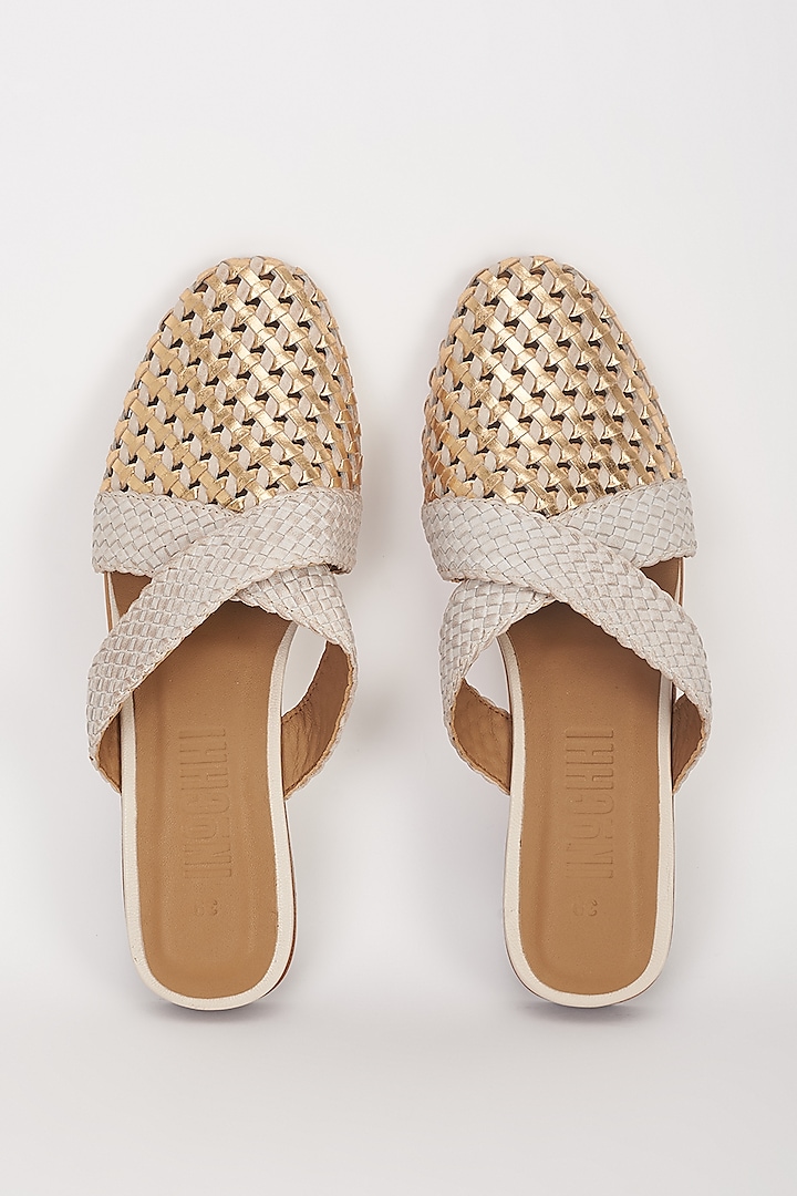 Beige Leather Handwoven Mules by Inochhi