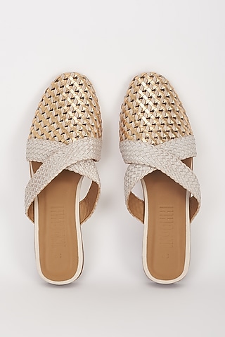 Beige Leather Handwoven Mules by Inochhi
