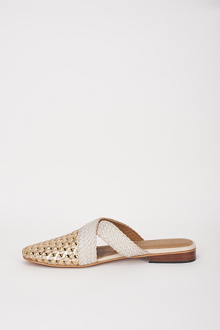 Beige Leather Handwoven Mules by Inochhi at Pernia's Pop Up Shop