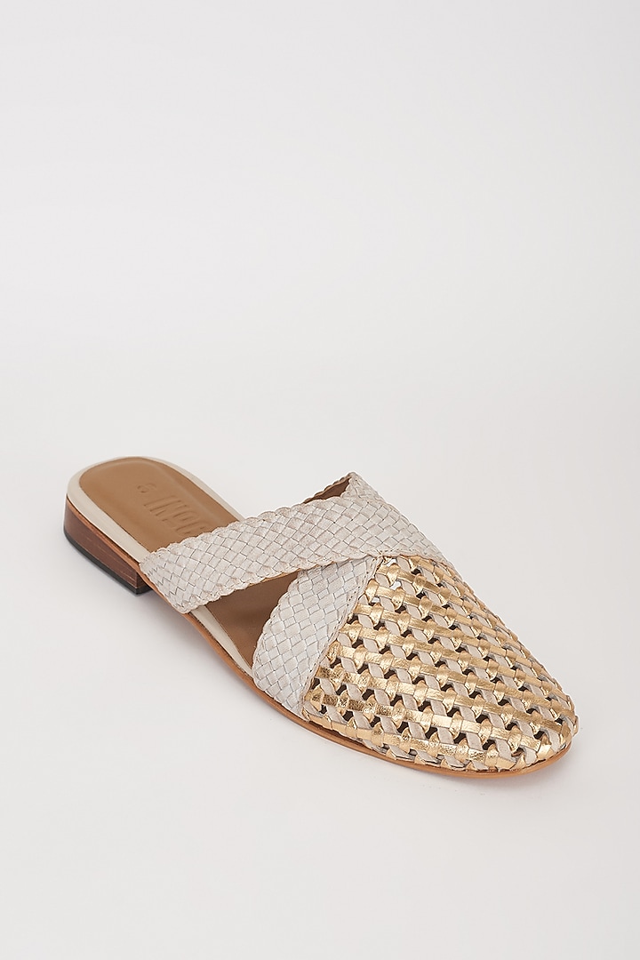 Beige Leather Handwoven Mules by Inochhi at Pernia's Pop Up Shop