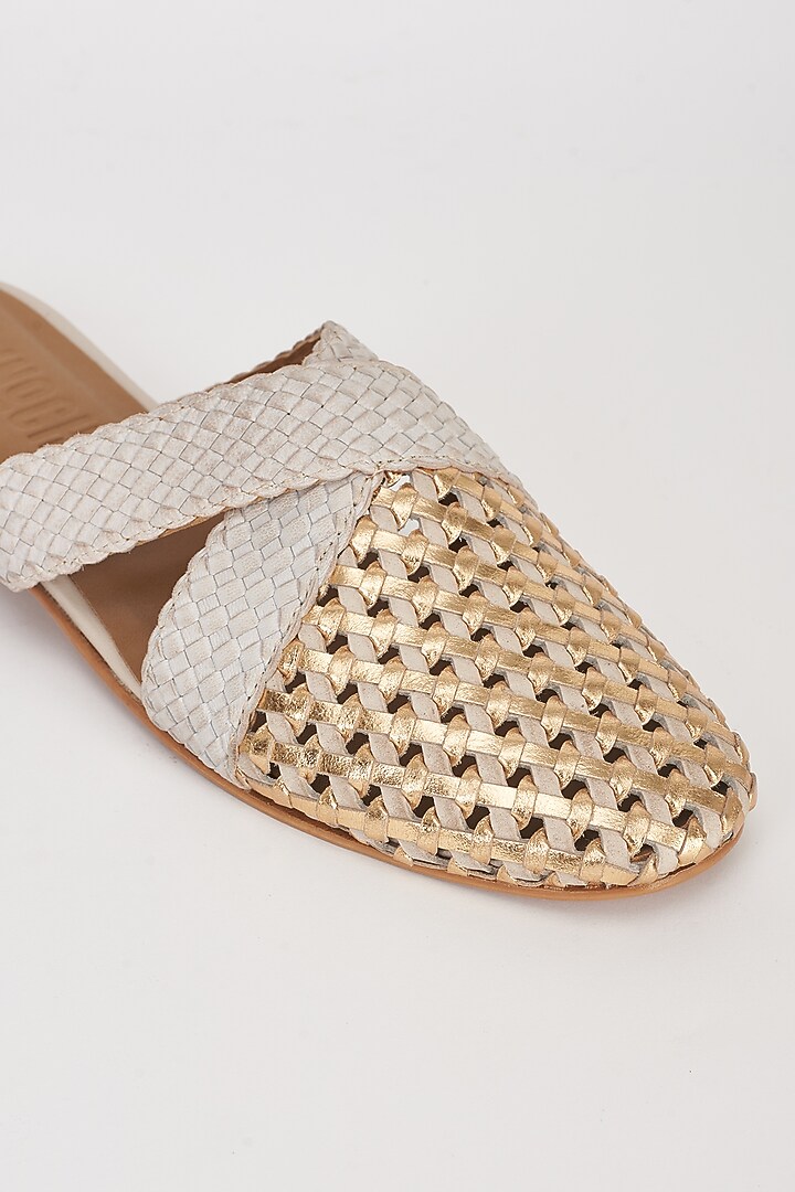 Beige Leather Handwoven Mules by Inochhi at Pernia's Pop Up Shop