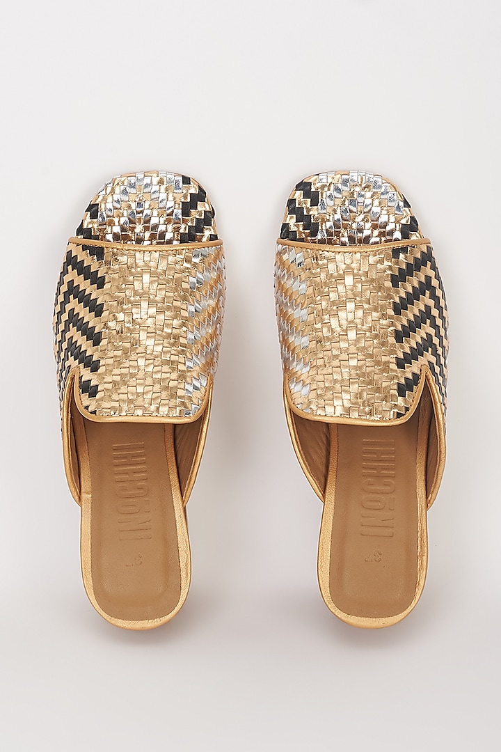 Gold Leather Handwoven Mules by Inochhi