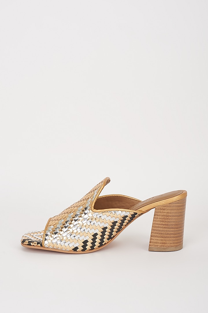 Gold Leather Handwoven Mules by Inochhi at Pernia's Pop Up Shop