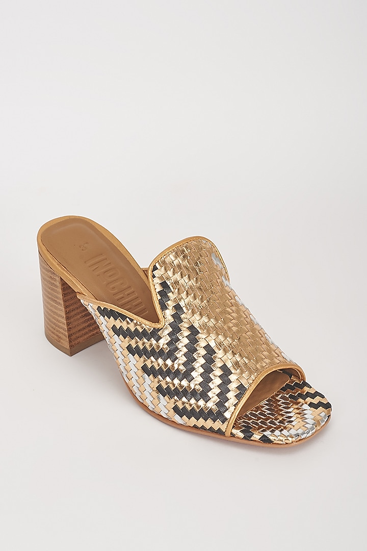 Gold Leather Handwoven Mules by Inochhi at Pernia's Pop Up Shop