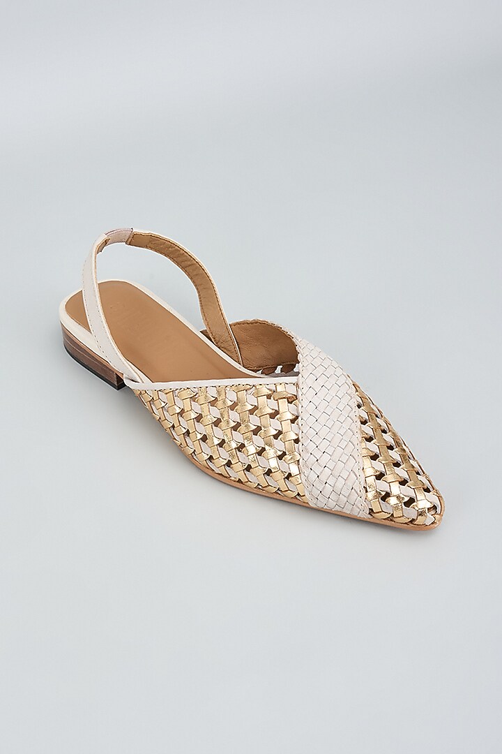 Beige Leather Handwoven Slingback Mules by Inochhi at Pernia's Pop Up Shop