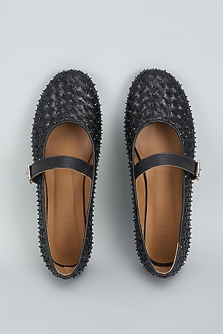 Black Leather Hand Embellished Handwoven Ballerina Shoes by Inochhi