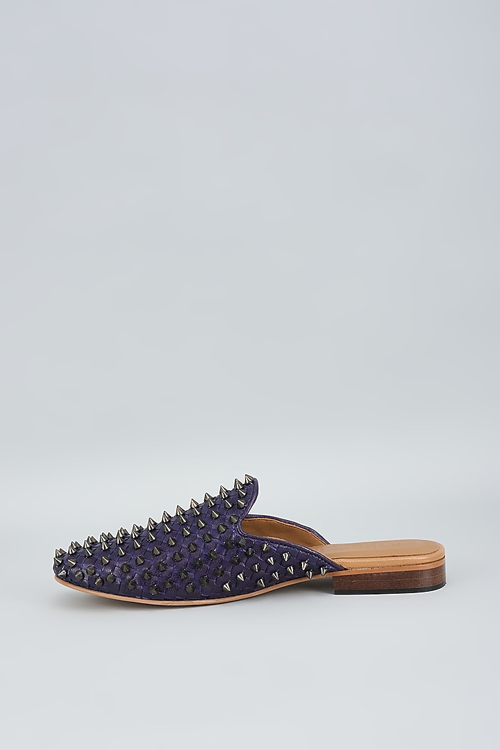 Blue Leather Hand Embellished Handwoven Mules by Inochhi at Pernia's Pop Up Shop